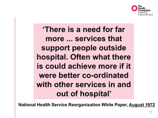 10
‘There is a need for far
more ... services that
support people outside
hospital. Often what there
is could achieve more if it
were better co-ordinated
with other services in and
out of hospital’
National Health Service Reorganisation White Paper, August 1972