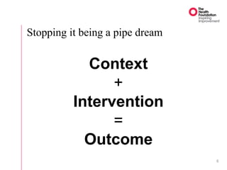 Stopping it being a pipe dream
Context
+
Intervention
=
Outcome
6