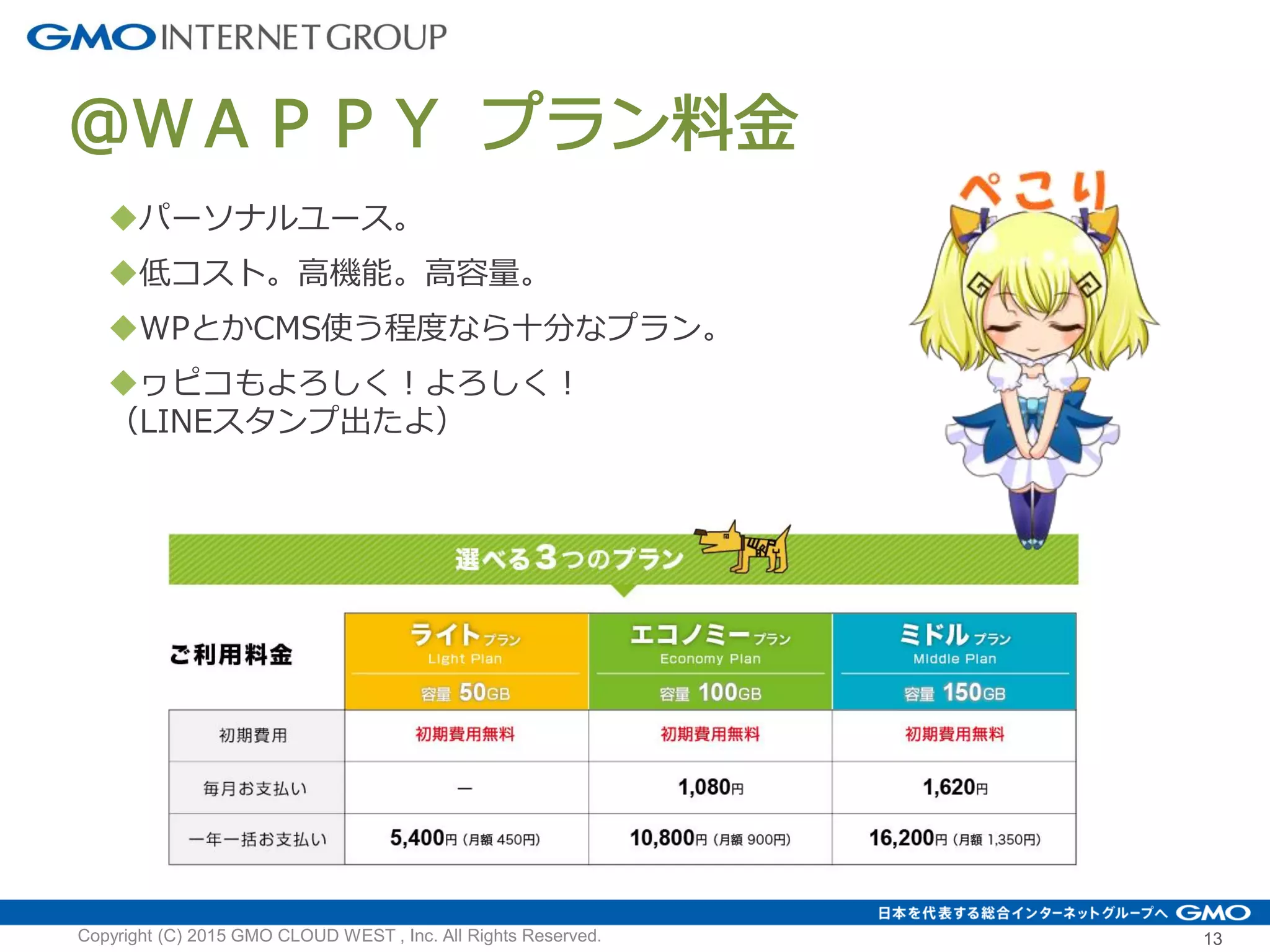 13
＠ＷＡＰＰＹ プラン料金
パーソナルユース。
低コスト。高機能。高容量。
WPとかCMS使う程度なら十分なプラン。
ヮピコもよろしく！よろしく！
（LINEスタンプ出たよ）
Copyright (C) 2015 GMO CLOUD WEST , Inc. All Rights Reserved.
 