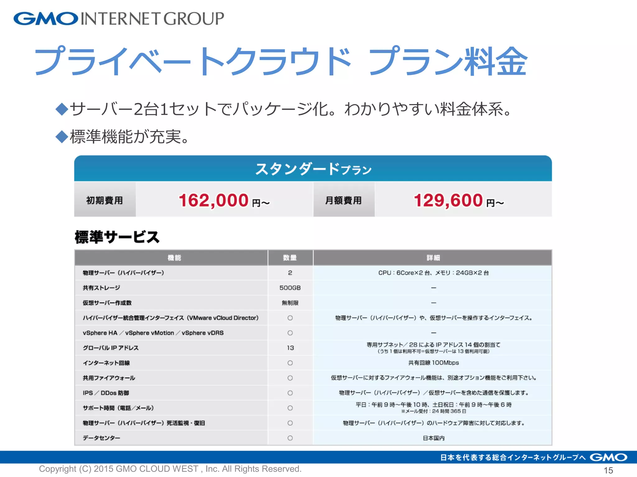 15
プライベートクラウド プラン料金
サーバー2台1セットでパッケージ化。わかりやすい料金体系。
標準機能が充実。
Copyright (C) 2015 GMO CLOUD WEST , Inc. All Rights Reserved.
 