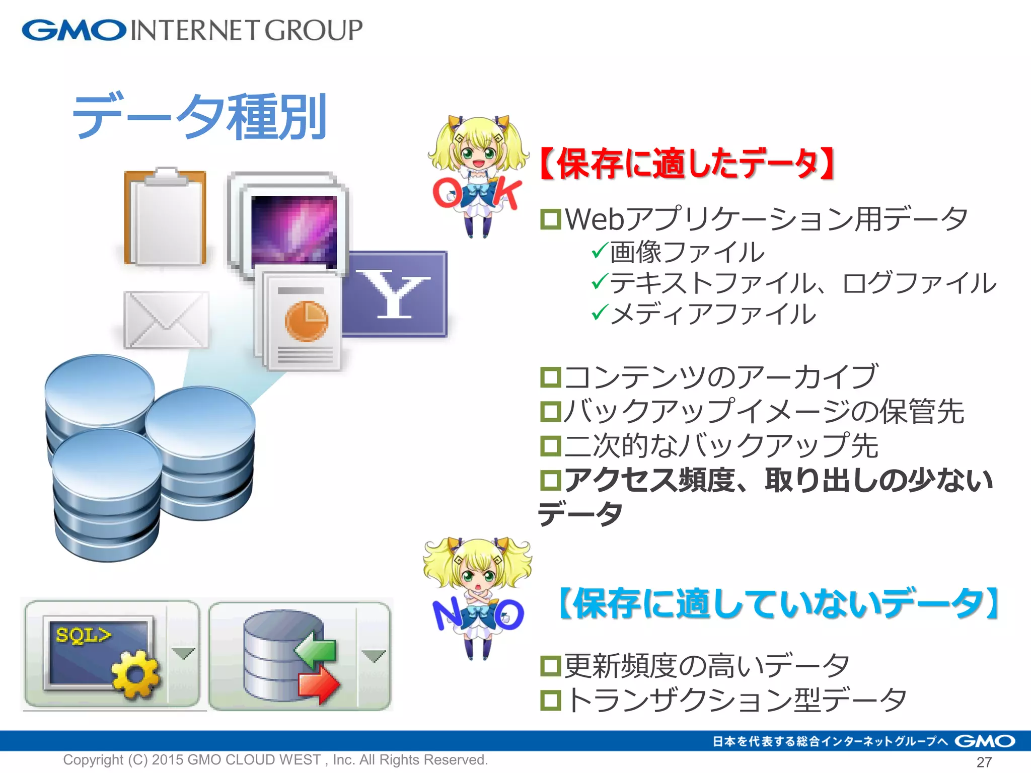 27Copyright (C) 2015 GMO CLOUD WEST , Inc. All Rights Reserved.
データ種別
【保存に適したデータ】
Webアプリケーション用データ
画像ファイル
テキストファイル、ログファイル
メディアファイル
コンテンツのアーカイブ
バックアップイメージの保管先
二次的なバックアップ先
アクセス頻度、取り出しの少ない
データ
【保存に適していないデータ】
更新頻度の高いデータ
トランザクション型データ
 