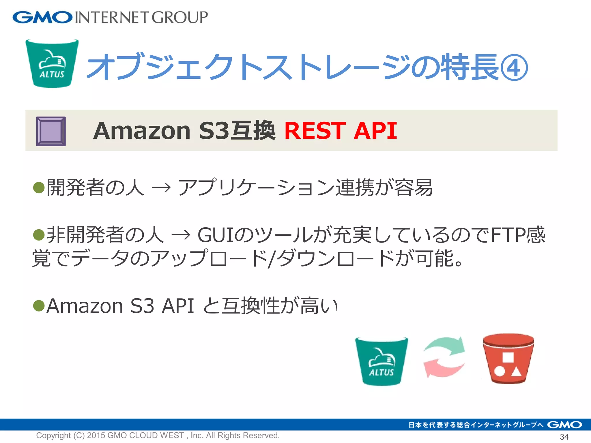 34Copyright (C) 2015 GMO CLOUD WEST , Inc. All Rights Reserved.
Amazon S3互換 REST API
開発者の人 → アプリケーション連携が容易
非開発者の人 → GUIのツールが充実しているのでFTP感
覚でデータのアップロード/ダウンロードが可能。
Amazon S3 API と互換性が高い。
オブジェクトストレージの特長④
 