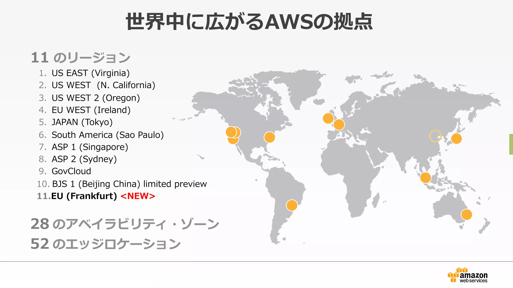 世界中に広がるAWSの拠点
11  のリージョン
1.  US  EAST  (Virginia)
2.  US  WEST    (N.  California)
3.  US  WEST  2  (Oregon)
4.  EU  WEST  (Ireland)
5.  JAPAN  (Tokyo)
6.  South  America  (Sao  Paulo)
7.  ASP  1  (Singapore)
8.  ASP  2  (Sydney)
9.  GovCloud  
10. BJS  1  (Beijing  China)  limited  preview
11. EU  (Frankfurt)  <NEW>
28  のアベイラビリティ・ゾーン
52  のエッジロケーション
 