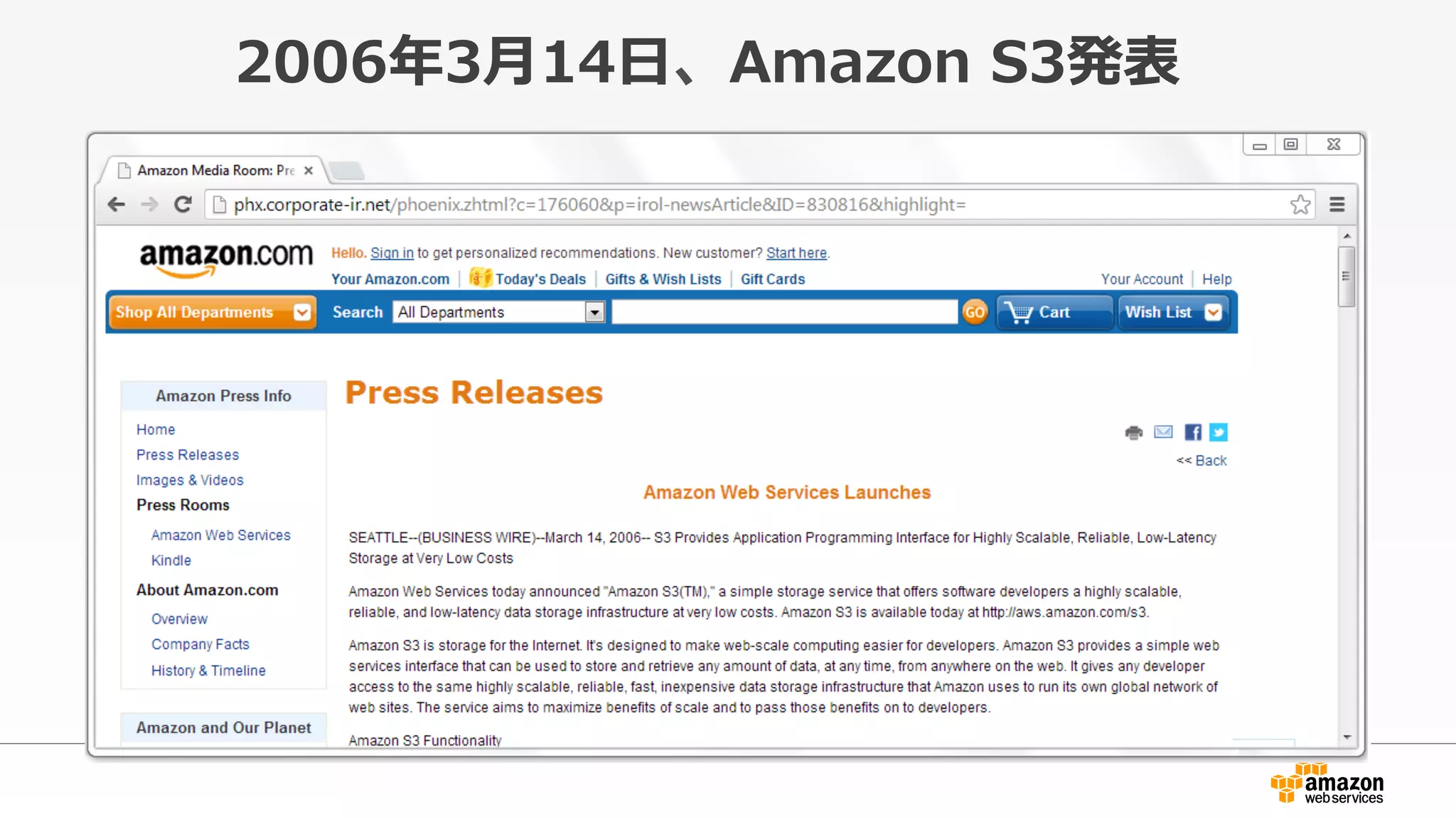 2006年年3⽉月14⽇日、Amazon  S3発表
 