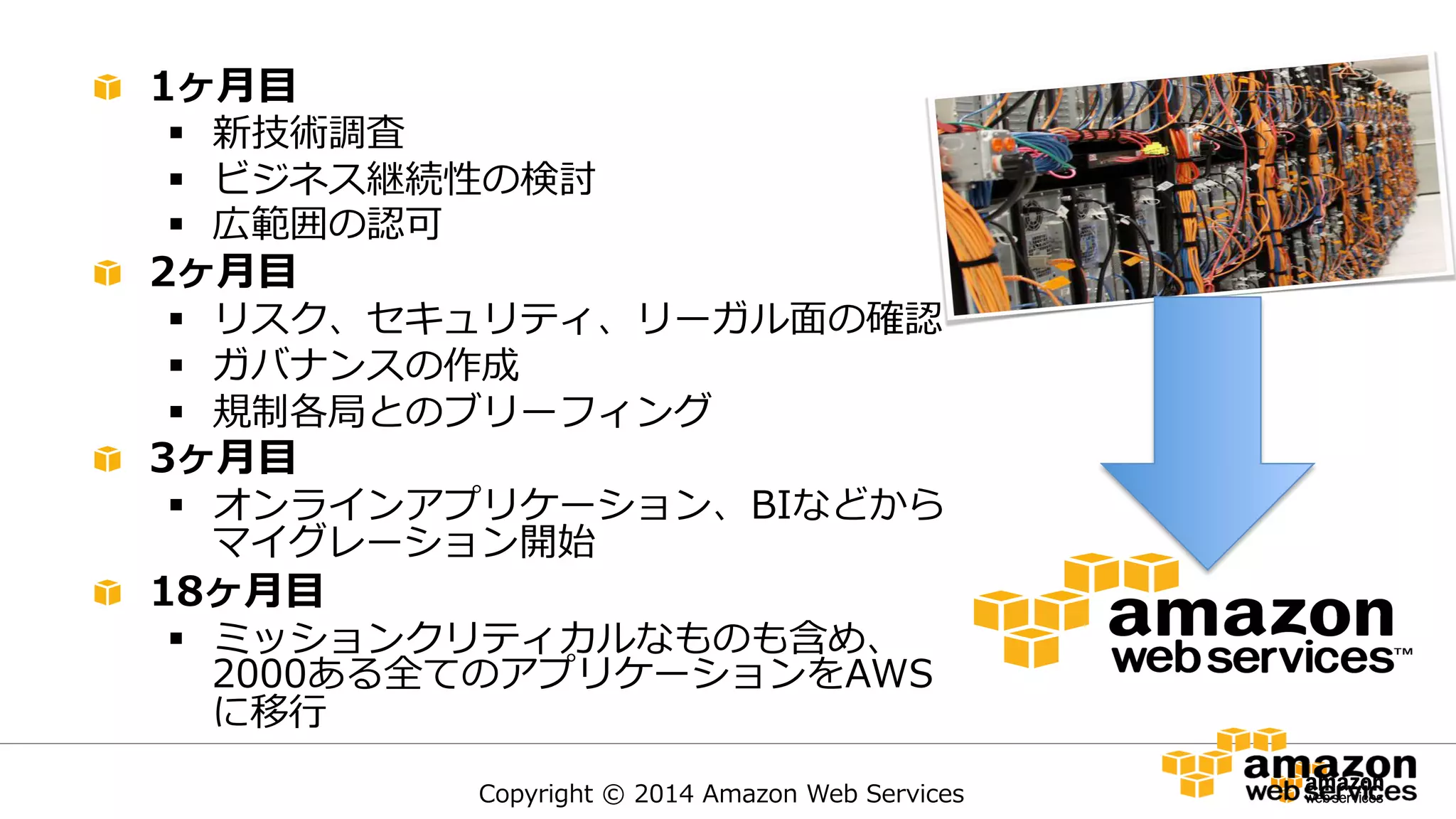 Copyright  ©  2014  Amazon  Web  Services
ビジョンと実⾏行行計画  1ヶ⽉月⽬目
§  新技術調査
§  ビジネス継続性の検討
§  広範囲の認可
  2ヶ⽉月⽬目
§  リスク、セキュリティ、リーガル⾯面の確認
§  ガバナンスの作成
§  規制各局とのブリーフィング
  3ヶ⽉月⽬目
§  オンラインアプリケーション、BIなどから
マイグレーション開始
  18ヶ⽉月⽬目
§  ミッションクリティカルなものも含め、
2000ある全てのアプリケーションをAWS
に移⾏行行
 