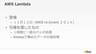 AWS ?Lambda
?? ǈ
C? ?£?գAWS ?re:Invent ?
?? ɤ
C? rg?һȶȤΥХåI
C? KinesisǼ᤿ǩ`I
 