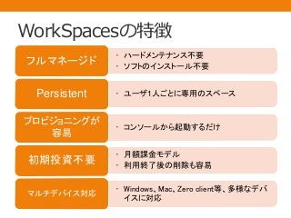 WorkSpacesの特徴
• ハードメンテナンス不要
• ソフトのインストール不要
フルマネージド
• ユーザ1人ごとに専用のスペースPersistent
• コンソールから起動するだけ
プロビジョニングが
容易
• 月額課金モデル
• 利用終了後の削除も容易
初期投資不要
• Windows、Mac、Zero client等、多様なデバ
イスに対応
マルチデバイス対応
 