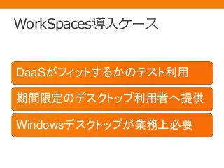 WorkSpaces導入ケース
DaaSがフィットするかのテスト利用
期間限定のデスクトップ利用者へ提供
Windowsデスクトップが業務上必要
 