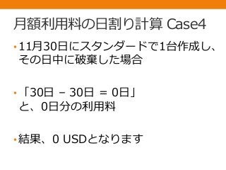 月額利用料の日割り計算 Case4
•11月30日にスタンダードで1台作成し、
その日中に破棄した場合
•「30日 – 30日 = 0日」
と、0日分の利用料
•結果、0 USDとなります
 