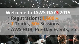 Welcome to JAWS DAYS 2015
・Registrations: 1,600 +
・7 Tracks, 50+ Sessions
・AWS HUB, Pre-Day Events, etc
 