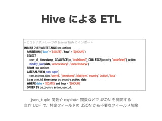 -- カラムナストレージの External Table にインポート
INSERT OVERWRITE TABLE orc_actions
PARTITION (`date` = '${DATE}', `hour` = '${HOUR}')
SELECT
user_id, timestamp, COALESCE(os, "undeﬁned"), COALESCE(country, "undeﬁned"), action
modify_json(data, 'unnecessary1', 'unnecessary2')
FROM raw_actions
LATERAL VIEW json_tuple(
raw_actions.json, 'userId', 'timestamp', 'platform', 'country', 'action', 'data'
) a as user_id, timestamp, os, country, action, data
WHERE date = '${DATE}' and hour = '${HOUR}'
ORDER BY os,country, action, user_id;
Hive による ETL
json_tuple 関数や explode 関数などで JSON を展開する
自作 UDF で、特定フィールドの JSON から不要なフィールド削除
 
