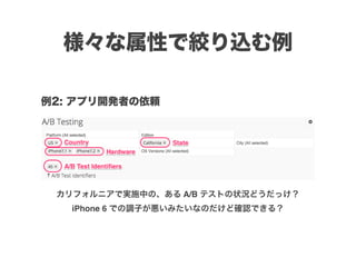 様々な属性で絞り込む例
カリフォルニアで実施中の、ある A/B テストの状況どうだっけ？
iPhone 6 での調子が悪いみたいなのだけど確認できる？
例2: アプリ開発者の依頼
 