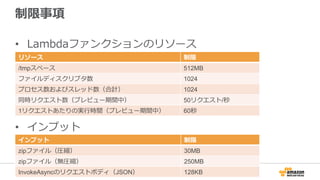 制限事項
•  Lambdaファンクションのリソース
リソース 制限
/tmpスペース 512MB
ファイルディスクリプタ数 1024
プロセス数およびスレッド数（合計） 1024
同時リクエスト数（プレビュー期間中） 50リクエスト/秒
1リクエストあたりの実⾏行行時間（プレビュー期間中） 60秒
•  インプット
インプット 制限
zipファイル（圧縮） 30MB
zipファイル（無圧縮） 250MB
InvokeAsyncのリクエストボディ（JSON） 128KB
 
