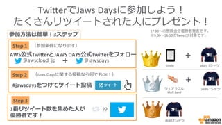 Twi$erでJaws	
  Daysに参加しよう！	
  
たくさんリツイートされた⼈人にプレゼント！	
  
@jawsdays
参加⽅方法は簡単！3ステップ	
  
@awscloud_jp ＋
#jawsdaysをつけてツイート投稿！
...