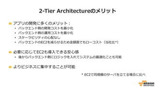 2-‐‑‒Tier  Architectureのメリット
!   アプリの開発に多くのメリット：
•  バックエンド側の開発コストを最⼩小化
•  バックエンド側の運⽤用コストを最⼩小化
•  スケーラビリティの⼼心配なし
•  バックエンドのEC2を減らせるため⾦金金額⾯面でもローコスト（当社⽐比*）
!   必要に応じてEC2も導⼊入できる安⼼心感
•  後からバックエンド側にロジックを⼊入れてシステムの最適化ことも可能
!   よりビジネスに集中することが可能
*  EC2で同規模のサーバを⽴立立てる場合に⽐比べ
 
