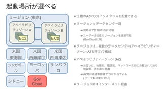 起動場所が選べる
任意のAZにEC2インスタンスを配置できる
リージョン = データセンター群
現時点で世界9か所に存在
ユーザーは任意のリージョンを選択可能 
(GovCloud以外)
リージョンは、複数のデータセンター(アベイラビリティー
ゾーン: AZと呼ぶ)で構成
アベイラビリティーゾーン (AZ)
お互いに、地理的、電源的、ネットワーク的に分離されており、
地震面、洪水面も考慮
AZ間は高速専用線でつながれている 
( データ転送量も安い)
リージョン間はインターネット経由
リージョン (東京)
アベイラビリ
ティゾーン A
EC2
米国 
東海岸
米国 
西海岸①
米国 
西海岸②
ヨーロッ
パ
シンガポー
ル
サンパウ
ロ
アベイラビリ
ティゾーン B
シドニー
Gov 
Cloud
EC2
 