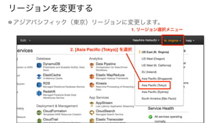 リージョンを変更する
アジアパシフィック（東京）リージョンに変更します。
2. [Asia Pacific (Tokyo)] を選択
1. リージョン選択メニュー
 