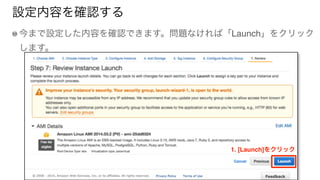 設定内容を確認する
今まで設定した内容を確認できます。問題なければ「Launch」をクリック
します。
1. [Launch]をクリック
 