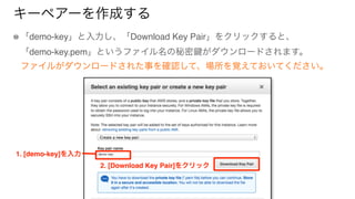 キーペアーを作成する
「demo-key」と入力し、「Download Key Pair」をクリックすると、 
「demo-key.pem」というファイル名の秘密 がダウンロードされます。 
ファイルがダウンロードされた事を確認して、場所を覚えておいてください。
1. [demo-key]を入力
2. [Download Key Pair]をクリック
 