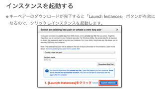 インスタンスを起動する
キーペアーのダウンロードが完了すると「Launch Instances」ボタンが有効に
なるので、クリックしインスタンスを起動します。
1. [Launch Instances]をクリック
 