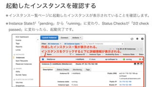 起動したインスタンスを確認する
インスタンス一覧ページに起動したインスタンスが表示されていることを確認します。
Instance Stateが「pending」から「running」に変わり、Status Checksが「2/2 check
passed」に変わったら、起動完了です。
作成したインスタンス一覧が表示される。
インスタンスをクリックすると下に詳細情報が表示される。
 