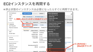 EC2インスタンスを再開する
停止状態のインスタンスは必要になったらすぐに再開できます。
1. 再開したいインスタンスを右クリック
2. [Actions] – 
[Start]をクリック
 