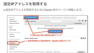 固定IPアドレスを取得する
固定IPアドレスを取得するためにElastic IPのページへ移動します。
1. [NETWORK & SECURITY] – [Elastic IP]をクリック
2. [Allocate New Address]をクリック
 