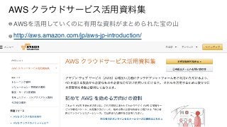 AWS クラウドサービス活用資料集
AWSを活用していくのに有用な資料がまとめられた宝の山
http://aws.amazon.com/jp/aws-jp-introduction/
 