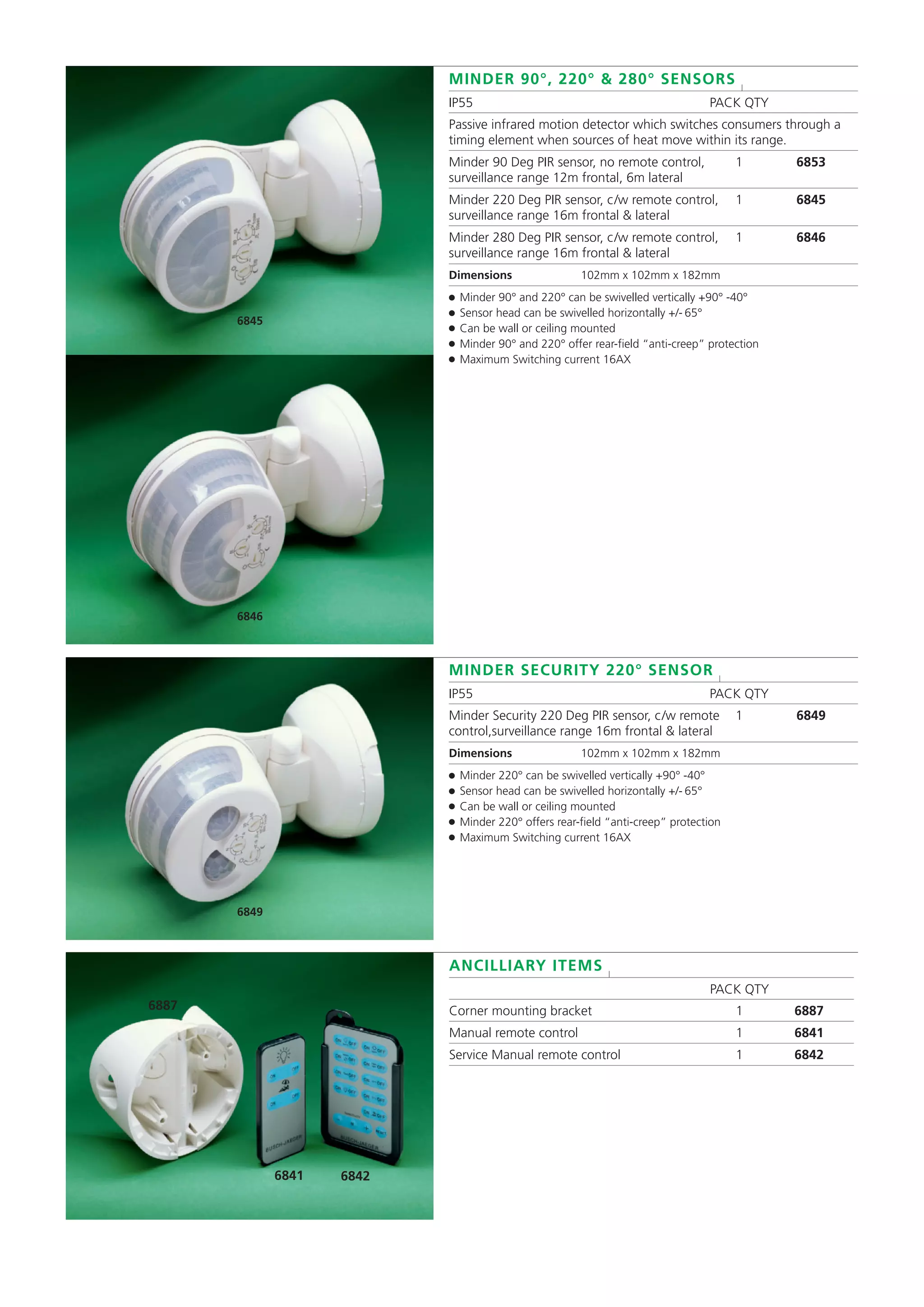 6887
68426841
6845
6846
6849
MINDER 90°, 220° & 280° SENSORS l
IP55 PACK QTY
Passive infrared motion detector which switches consumers through a
timing element when sources of heat move within its range.
Minder 90 Deg PIR sensor, no remote control, 1 6853
surveillance range 12m frontal, 6m lateral
Minder 220 Deg PIR sensor, c/w remote control, 1 6845
surveillance range 16m frontal & lateral
Minder 280 Deg PIR sensor, c/w remote control, 1 6846
surveillance range 16m frontal & lateral
Dimensions 102mm x 102mm x 182mm
● Minder 90° and 220° can be swivelled vertically +90° -40°
● Sensor head can be swivelled horizontally +/- 65°
● Can be wall or ceiling mounted
● Minder 90° and 220° offer rear-field “anti-creep” protection
● Maximum Switching current 16AX
MINDER SECURITY 220° SENSOR l
IP55 PACK QTY
Minder Security 220 Deg PIR sensor, c/w remote 1 6849
control,surveillance range 16m frontal & lateral
Dimensions 102mm x 102mm x 182mm
● Minder 220° can be swivelled vertically +90° -40°
● Sensor head can be swivelled horizontally +/- 65°
● Can be wall or ceiling mounted
● Minder 220° offers rear-field “anti-creep” protection
● Maximum Switching current 16AX
ANCILLIARY ITEMS l
PACK QTY
Corner mounting bracket 1 6887
Manual remote control 1 6841
Service Manual remote control 1 6842
 
