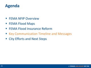 CONFIDENTIAL
21
Agenda
 FEMA NFIP Overview
 FEMA Flood Maps
 FEMA Flood Insurance Reform
 Key Communication Timeline and Messages
 City Efforts and Next Steps
 