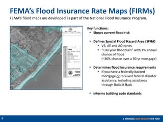 CONFIDENTIAL
8
Key functions:
 Shows current flood risk
 Defines Special Flood Hazard Area (SFHA)
 VE, AE and AO zones
 “100-year floodplain” with 1% annual
chance of flood
(~26% chance over a 30-yr mortgage)
 Determines flood insurance requirements
 If you have a federally backed
mortgage or received federal disaster
assistance, including assistance
through Build it Back
 Informs building code standards
FEMA’s Flood Insurance Rate Maps (FIRMs)
FEMA’s flood maps are developed as part of the National Flood Insurance Program.
 