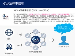 40
ǣ֣GVA Law Office
ǣ֣ϡITI?٥`IĤȤsIȤơ
IPO֧ԮӥͥǥmжϡҎsNsɡդξtϥ󥵥
ƥ󥰡ȤäIդṩƤtϷǤ
ⲿTңӋʿ?˰ʿ?ʿȤЯˤIչ򒈴󤷤Ĥġ
չ_?Fإ`뷨ȤBЯˤꡢ`ХIϲФ`
륵`ӥṩޤ
40
GVA
GVAͥåȥ`
ä
 