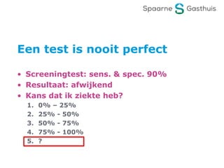 Een test is nooit perfect
• Screeningtest: sens. & spec. 90%
• Resultaat: afwijkend
• Kans dat ik ziekte heb?
1. 0% – 25%
2. 25% - 50%
3. 50% - 75%
4. 75% - 100%
5. ?
 
