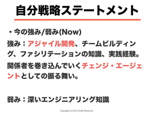Copyright (c) 2014 Guild Works Inc.
・今の強み/弱み(Now)
強み：アジャイル開発、チームビルディン
グ、ファシリテーションの知識、実践経験。
関係者を巻き込んでいくチェンジ・エージェ
ントとしての振る舞い。
!
弱み：深いエンジニアリング知識
自分戦略ステートメント
 