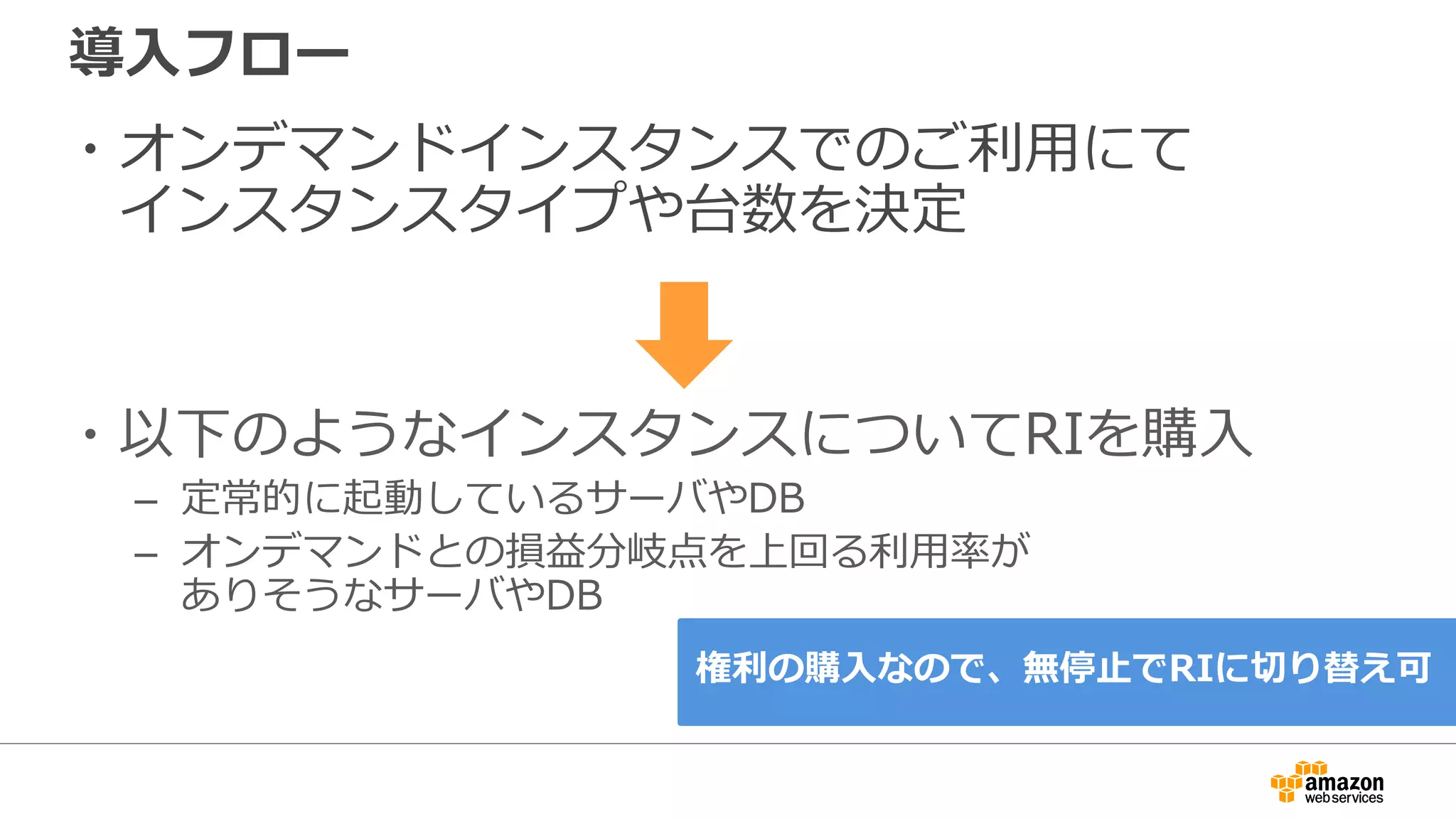 導入フロー
・オンデマンドインスタンスでのご利用にて
インスタンスタイプや台数を決定
・以下のようなインスタンスについてRIを購入
– 定常的に起動しているサーバやDB
– オンデマンドとの損益分岐点を上回る利用率が
ありそうなサーバやDB
権利の購入なので、無停止でRIに切り替え可
 