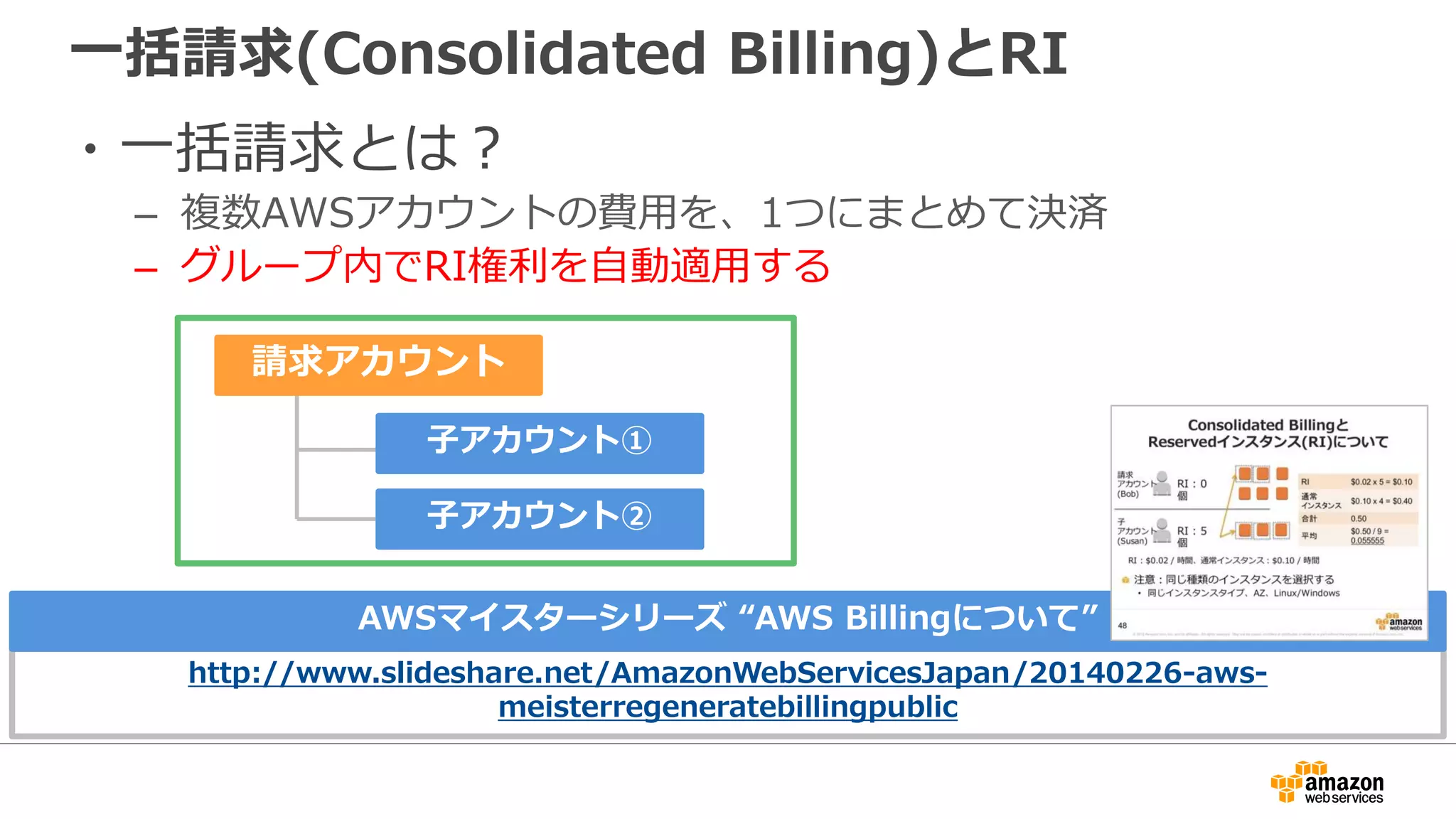 一括請求(Consolidated Billing)とRI
・一括請求とは？
– 複数AWSアカウントの費用を、1つにまとめて決済
– グループ内でRI権利を自動適用する
請求アカウント
子アカウント①
子アカウント②
http://www.slideshare.net/AmazonWebServicesJapan/20140226-aws-
meisterregeneratebillingpublic
AWSマイスターシリーズ “AWS Billingについて”
 