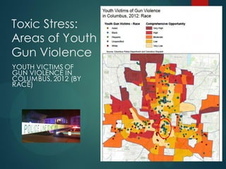 Toxic Stress:
Areas of Youth
Gun Violence
YOUTH VICTIMS OF
GUN VIOLENCE IN
COLUMBUS, 2012 (BY
RACE)
 