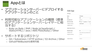Appとは
• アプリケーションサーバーにデプロイする
アプリケーションのこと
• 利用可能なアプリケーションの種類（標準
のアプリケーションサーバーレイヤーに相
当する）
– Ruby on Rails / PHP / Node.js(JavaScript) /
Static(HTML) / Java / AWS Flow(Ruby) / Other
• サポートするリポジトリ
– Git / Subversion / HTTP archive / S3 Archive / Other
– GithubやBitBucketも使用可能
 