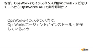 なぜ、OpsWorksでインスタンス内部のChefレシピをリ
モートからOpsWorks APIで実行可能か？
OpsWorksインスタンス内で、
OpsWorksエージェントがインストール・動作
しているため
 