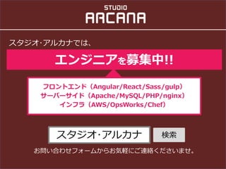 ?륫ʤǤϡ
󥸥˥ļ!!
?륫 
Ϥ碌ե`फ餪XˤBjޤ
եȥɣAngular/React/Sass/gulp
`Щ`ɣApache/MySQL/PHP/nginx
ե飨AWS/OpsWorks/Chef
 