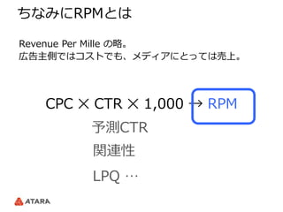ちなみにRPMとは
CPC ✕ CTR ✕ 1,000 → RPM
予測CTR
関連性
LPQ …
Revenue Per Mille の略。
広告主側ではコストでも、メディアにとっては売上。
 