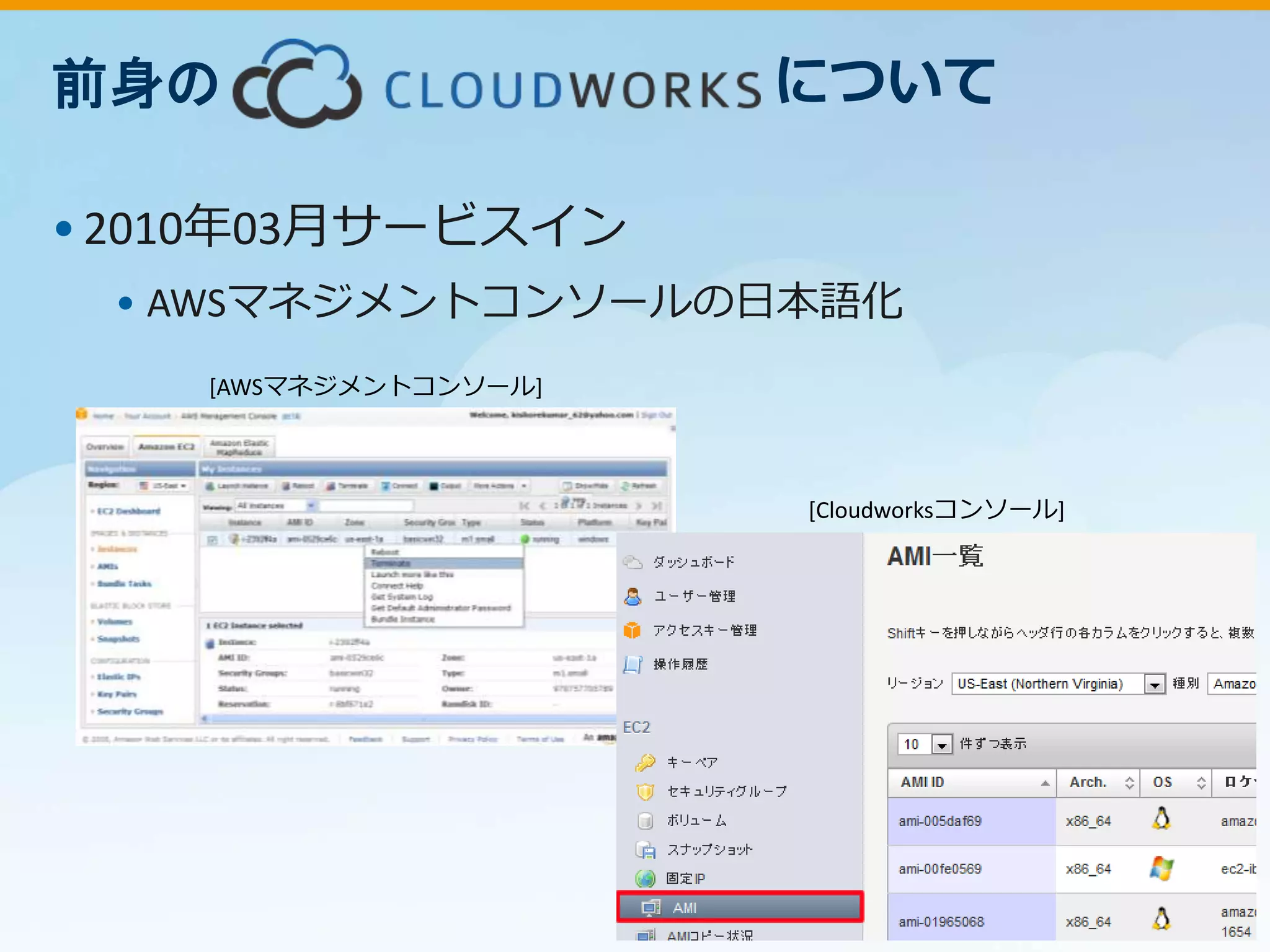 •2010年03月サービスイン
• AWSマネジメントコンソールの日本語化
について
[AWSマネジメントコンソール]
[Cloudworksコンソール]
前身の
 