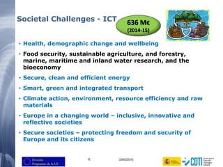 10 (24/03/2015)
Societal Challenges - ICT
• Health, demographic change and wellbeing
• Food security, sustainable agriculture, and forestry,
marine, maritime and inland water research, and the
bioeconomy
• Secure, clean and efficient energy
• Smart, green and integrated transport
• Climate action, environment, resource efficiency and raw
materials
• Europe in a changing world – inclusive, innovative and
reflective societies
• Secure societies – protecting freedom and security of
Europe and its citizens
636 M€
(2014-15)
 