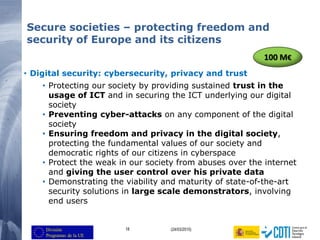 18 (24/03/2015)
Secure societies – protecting freedom and
security of Europe and its citizens
• Digital security: cybersecurity, privacy and trust
• Protecting our society by providing sustained trust in the
usage of ICT and in securing the ICT underlying our digital
society
• Preventing cyber-attacks on any component of the digital
society
• Ensuring freedom and privacy in the digital society,
protecting the fundamental values of our society and
democratic rights of our citizens in cyberspace
• Protect the weak in our society from abuses over the internet
and giving the user control over his private data
• Demonstrating the viability and maturity of state-of-the-art
security solutions in large scale demonstrators, involving
end users
100 M€
 