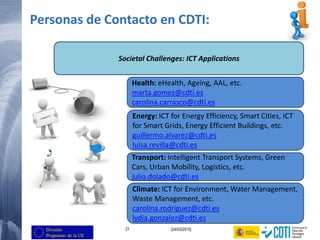 21 (24/03/2015)
Personas de Contacto en CDTI:
Societal Challenges: ICT Applications
Energy: ICT for Energy Efficiency, Smart Cities, ICT
for Smart Grids, Energy Efficient Buildings, etc.
guillermo.alvarez@cdti.es
luisa.revilla@cdti.es
Health: eHealth, Ageing, AAL, etc.
marta.gomez@cdti.es
carolina.carrasco@cdti.es
Transport: Intelligent Transport Systems, Green
Cars, Urban Mobility, Logistics, etc.
julio.dolado@cdti.es
Climate: ICT for Environment, Water Management,
Waste Management, etc.
carolina.rodriguez@cdti.es
lydia.gonzalez@cdti.es
 