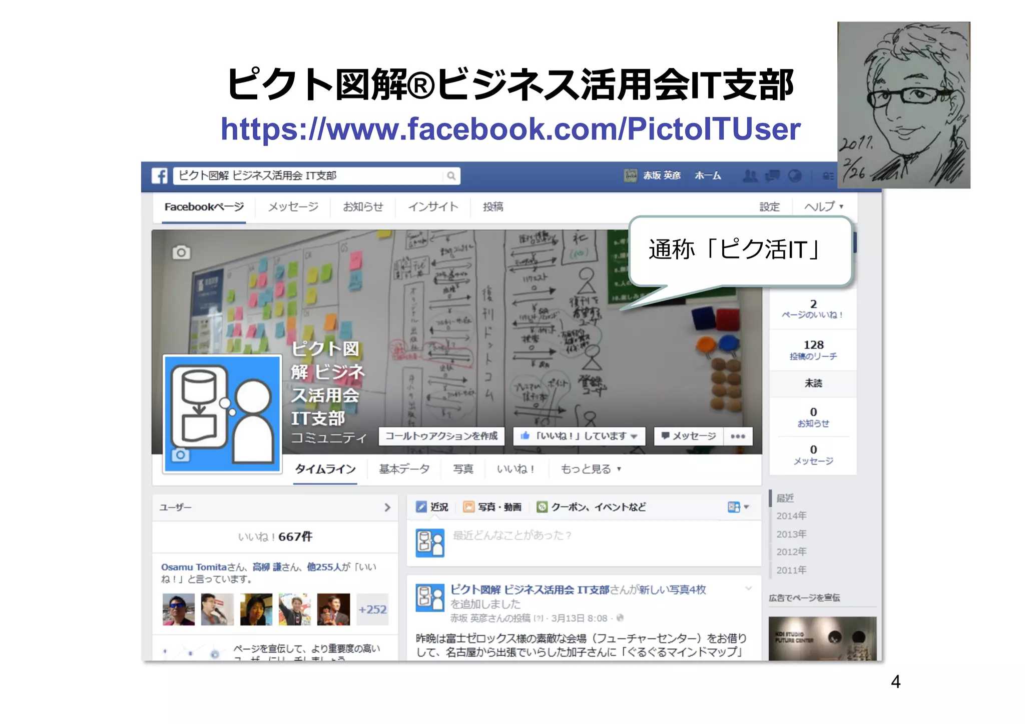 ピクト図解®ビジネス活⽤用会IT⽀支部
https://www.facebook.com/PictoITUser
通称「ピク活IT」
4
 