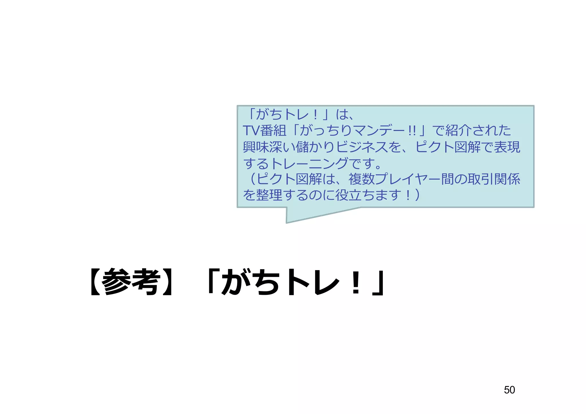 【参考】「がちトレ！」
「がちトレ！」は、
TV番組「がっちりマンデー‼」で紹介された
興味深い儲かりビジネスを、ピクト図解で表現
するトレーニングです。
（ピクト図解は、複数プレイヤー間の取引関係
を整理理するのに役⽴立立ちます！）
50
 