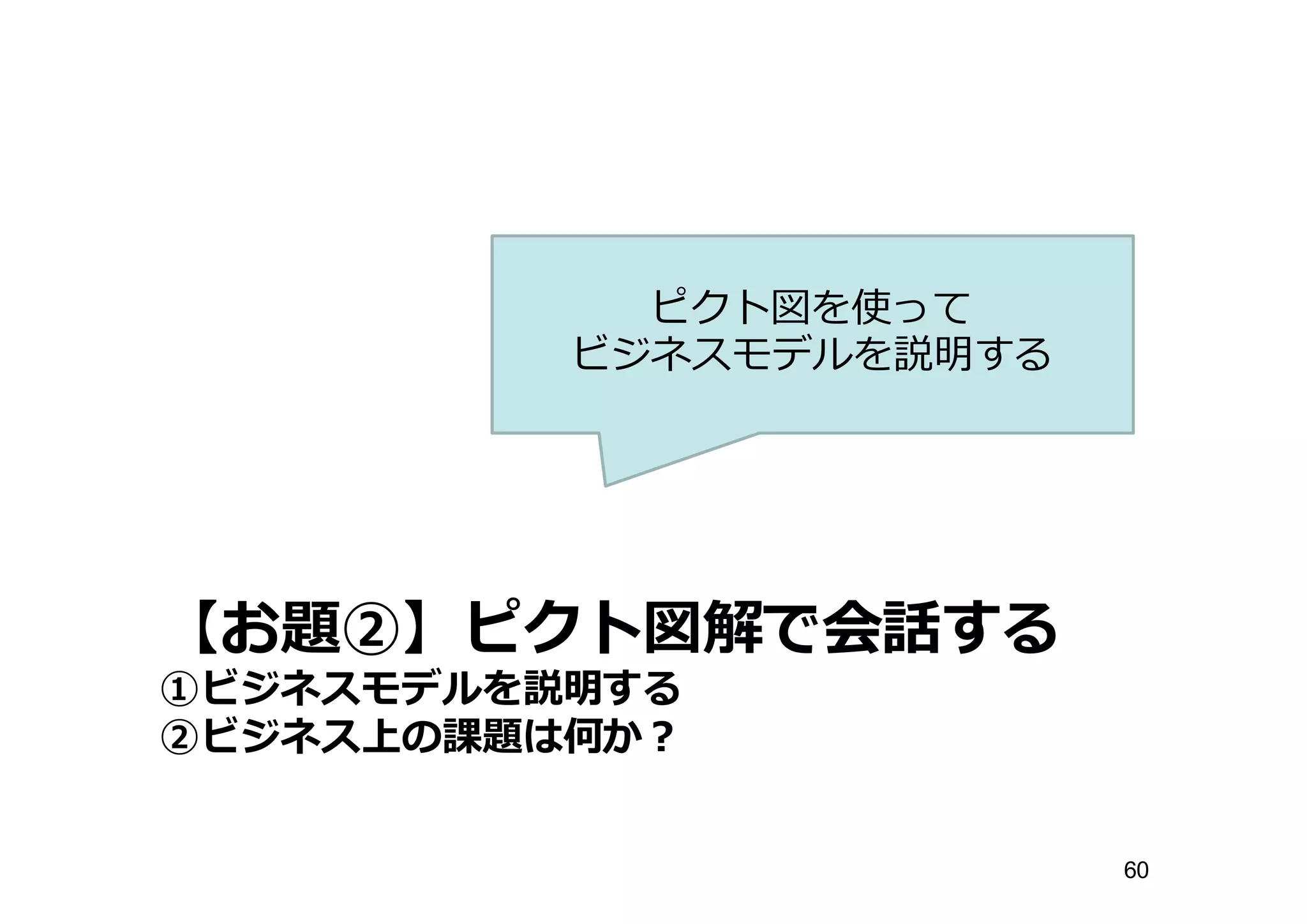 【お題②】ピクト図解で会話する
①ビジネスモデルを説明する
②ビジネス上の課題は何か？
ピクト図を使って
ビジネスモデルを説明する
60
 