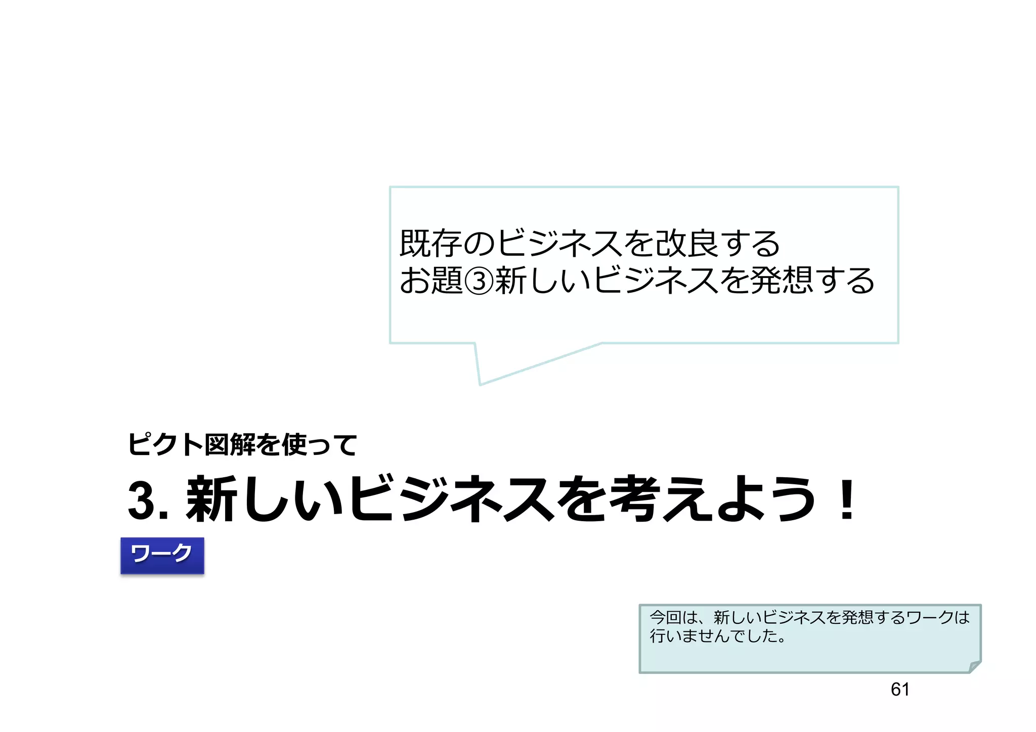 3. 新しいビジネスを考えよう！
ピクト図解を使って
ワーク
既存のビジネスを改良良する
お題③新しいビジネスを発想する
61
今回は、新しいビジネスを発想するワークは
⾏行行いませんでした。
 