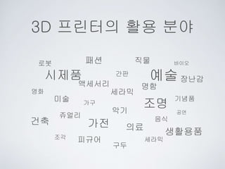 3D 프린터의 활용 분야
로봇
시제품
영화
미술
건축
쥬얼리
조각
가구
가전
악기
구두
의료
세라믹
음식
공연
생활용품
조명
세라믹
액세서리
간판
패션 직물
예술
명함
장난감
바이오
피규어
기념품
 
